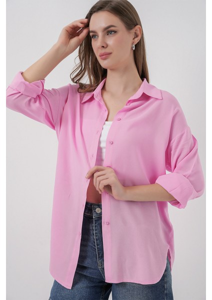 Kadın Oversize Viskon Gömlek 3785 - Pembe