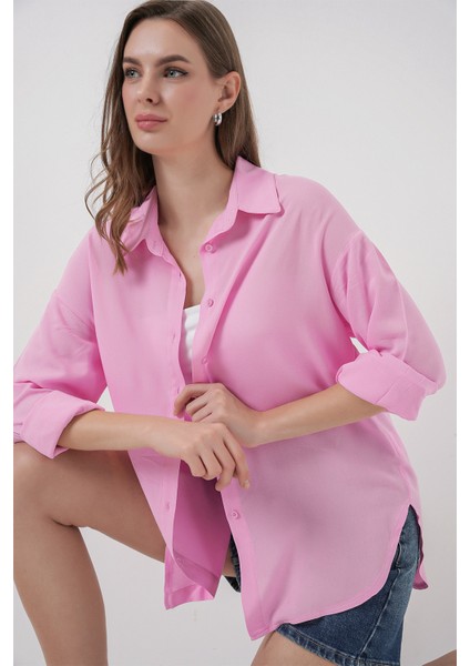 Kadın Oversize Viskon Gömlek 3785 - Pembe modelleri