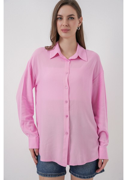 Kadın Oversize Viskon Gömlek 3785 - Pembe fırsatları