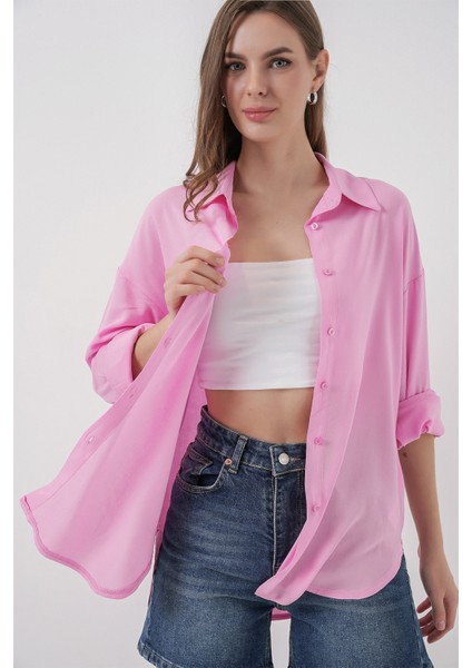 Kadın Oversize Viskon Gömlek 3785 - Pembe indirimleri