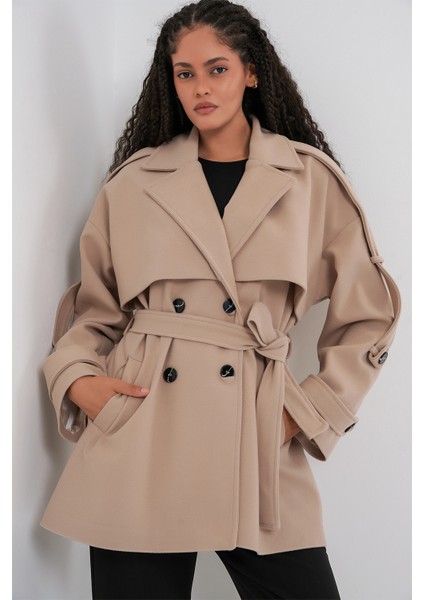 Kadın Kuşaklı Oversize Kaşe Kaban 9157 - Bej