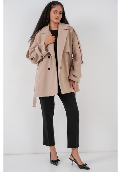 Kadın Kuşaklı Oversize Kaşe Kaban 9157 - Bej fiyatları