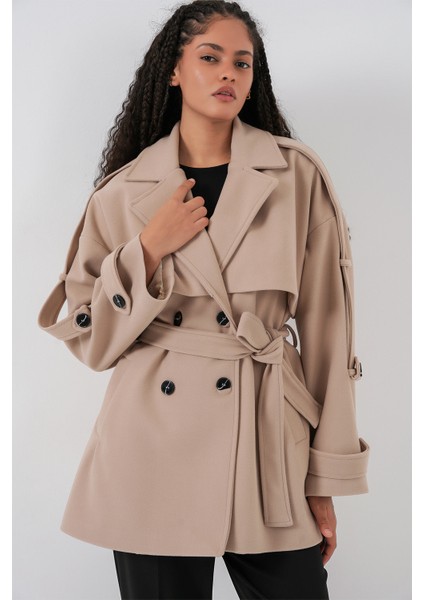 Kadın Kuşaklı Oversize Kaşe Kaban 9157 - Bej modelleri