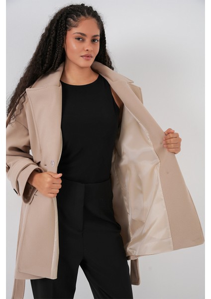 Kadın Kuşaklı Oversize Kaşe Kaban 9157 - Bej fırsatları