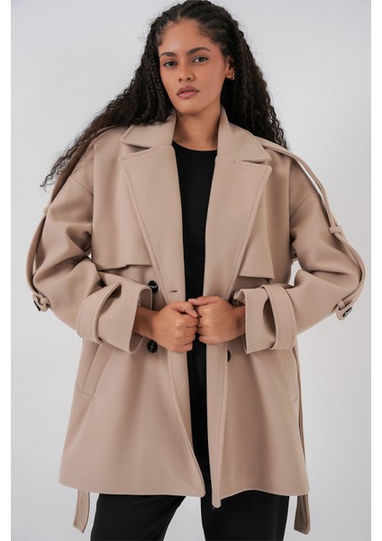 Kadın Kuşaklı Oversize Kaşe Kaban 9157 - Bej indirimleri