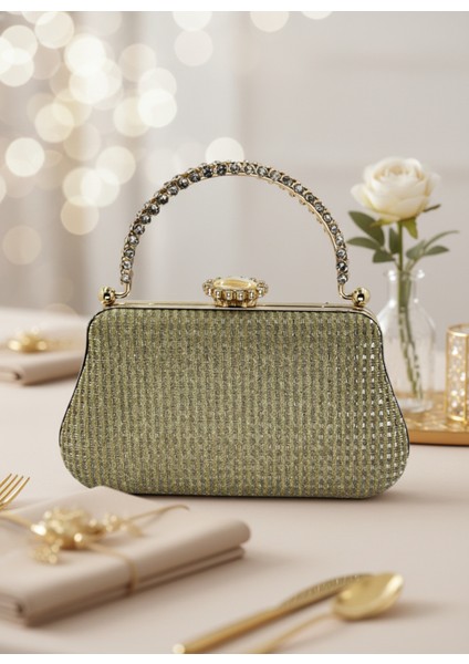 Altın Gold Renk Simli Taşlı Abiye Çanta | Lüks Düğün ve Gece Çantası modelleri