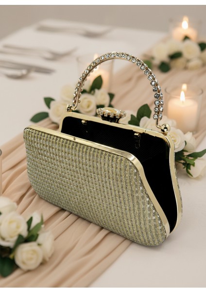 Altın Gold Renk Simli Taşlı Abiye Çanta | Lüks Düğün ve Gece Çantası fırsatları