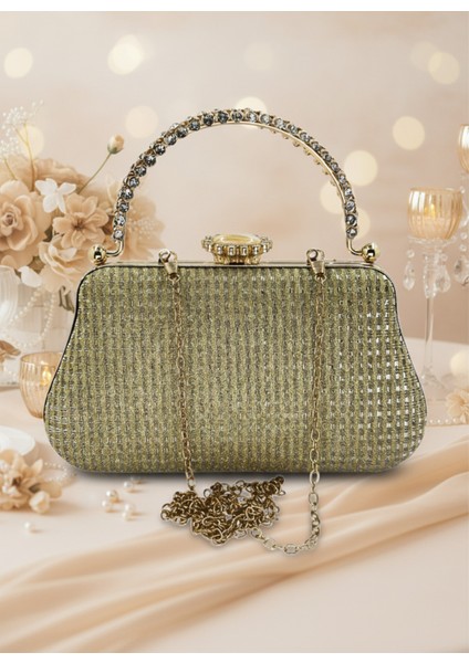 Altın Gold Renk Simli Taşlı Abiye Çanta | Lüks Düğün ve Gece Çantası indirimleri