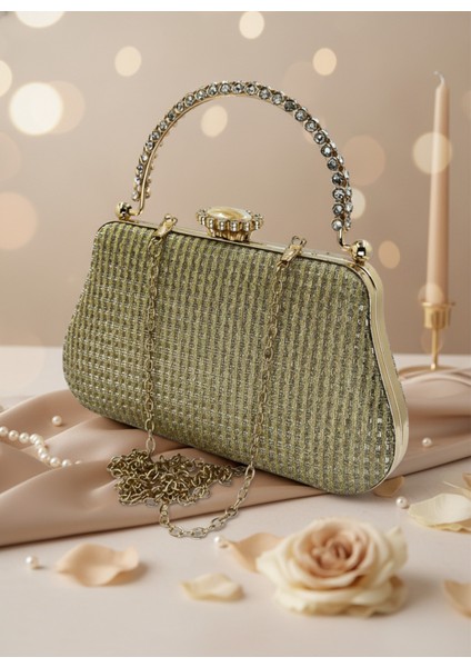 Altın Gold Renk Simli Taşlı Abiye Çanta | Lüks Düğün ve Gece Çantası