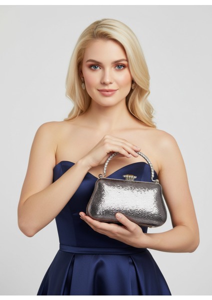 Platin Kristal Desen Inci Detaylı Taş Kulplu Abiye Çanta Gece Nikah Düğün Nişan Mezuniyet Portföy