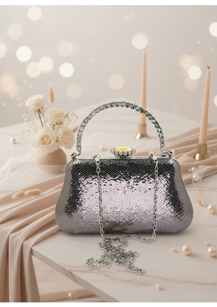 Platin Kristal Desen Inci Detaylı Taş Kulplu Abiye Çanta Gece Nikah Düğün Nişan Mezuniyet Portföy modelleri