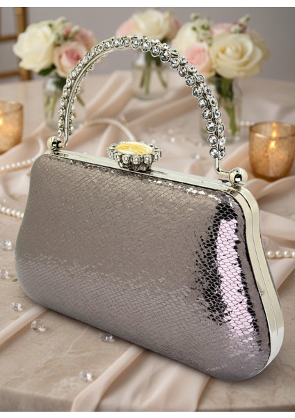 Platin Kristal Desen Inci Detaylı Taş Kulplu Abiye Çanta Gece Nikah Düğün Nişan Mezuniyet Portföy indirimleri