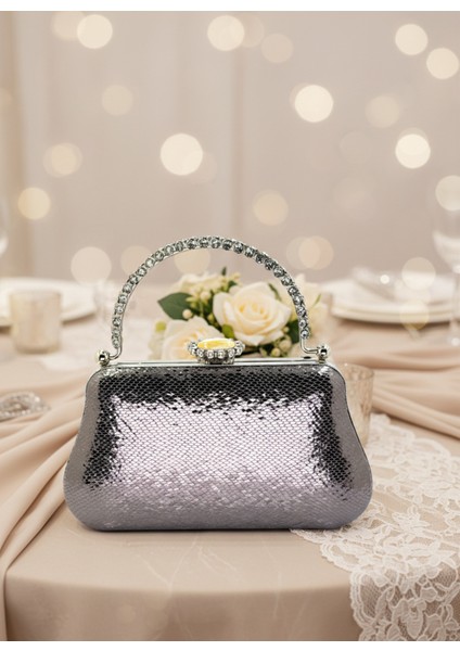 Platin Kristal Desen Inci Detaylı Taş Kulplu Abiye Çanta Gece Nikah Düğün Nişan Mezuniyet Portföy