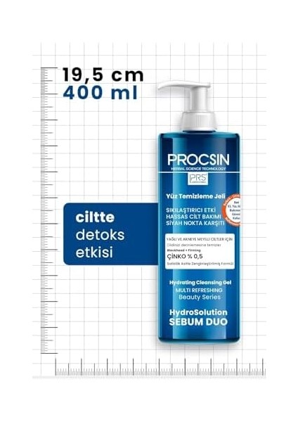 Procsın Hydro Solution Akne Karşıtı & Yağ Dengeleyici Yüz Temizleme Jeli, Çinko & Salisilik Asit, Derinlemesine Temizlik & Sebum Kontrolü, 400 ml modelleri