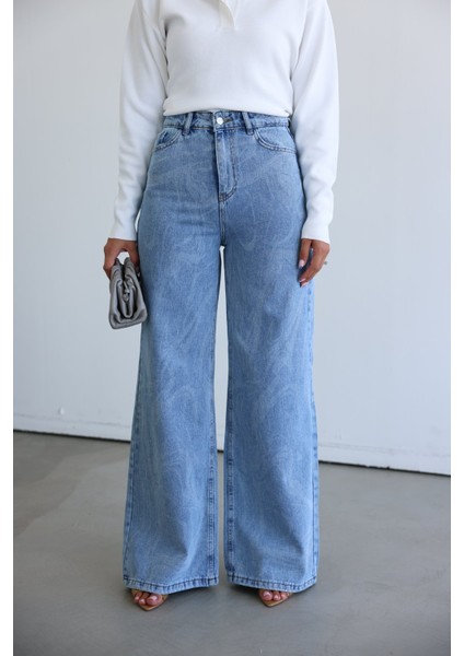 Kendinden Desenli Bol Paça Jean