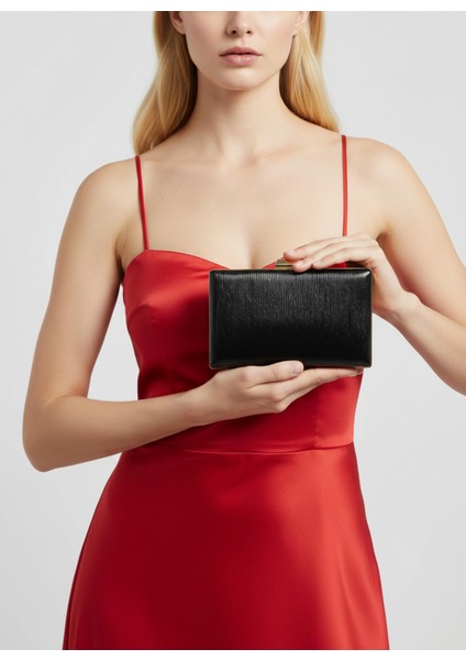 Siyah Desenli Rugan Abiye Gece Çantası Düğün Nişan Mezuniyet Çantası