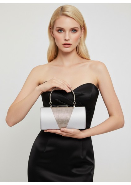 Gümüş Gri Kristal Taşlı Saten Abiye Çanta, Metal Saplı Şıklık