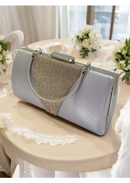 Gümüş Gri Kristal Taşlı Saten Abiye Çanta, Metal Saplı Şıklık fiyatları