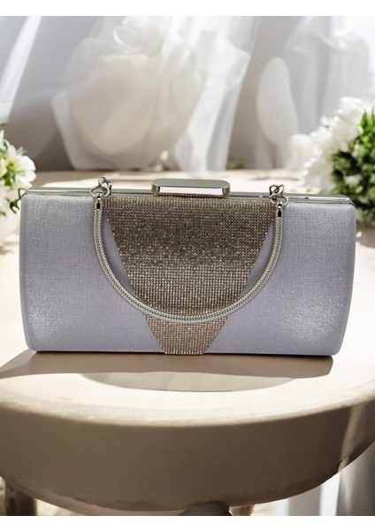 Gümüş Gri Kristal Taşlı Saten Abiye Çanta, Metal Saplı Şıklık modelleri