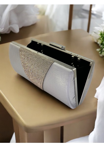 Gümüş Gri Kristal Taşlı Saten Abiye Çanta, Metal Saplı Şıklık fırsatları