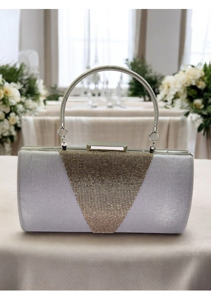 Gümüş Gri Kristal Taşlı Saten Abiye Çanta, Metal Saplı Şıklık indirimleri