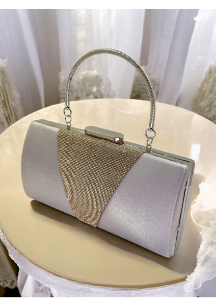Gümüş Gri Kristal Taşlı Saten Abiye Çanta, Metal Saplı Şıklık