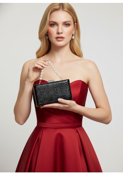 Siyah Desenli Rugan Abiye Gece Çantası Düğün Nişan Mezuniyet Çantası