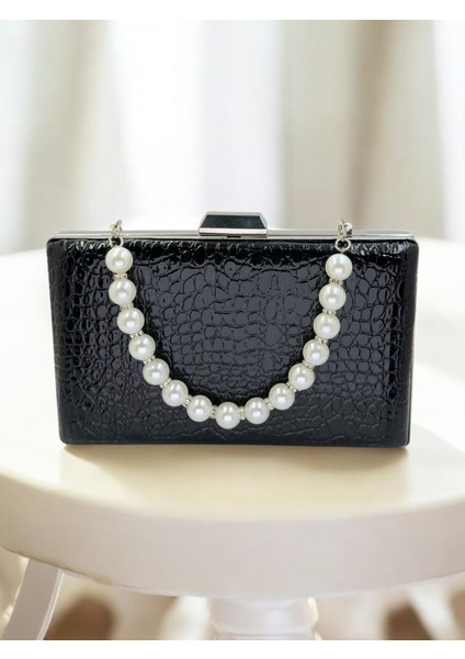 Siyah Desenli Rugan Abiye Gece Çantası Düğün Nişan Mezuniyet Çantası