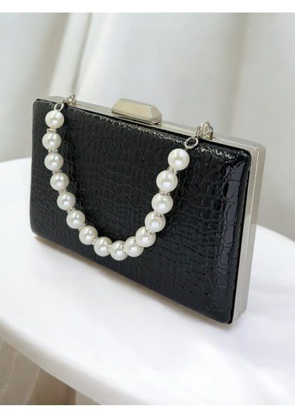 Siyah Desenli Rugan Abiye Gece Çantası Düğün Nişan Mezuniyet Çantası