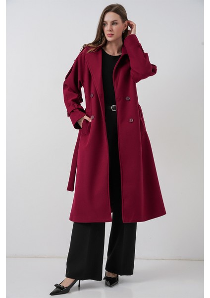 Kadın Kuşaklı Kaşe Kaban 9161 - Kırmızı fiyatları