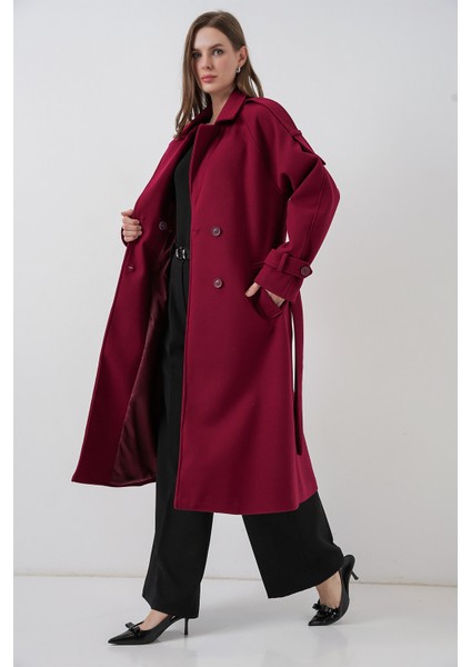 Kadın Kuşaklı Kaşe Kaban 9161 - Kırmızı modelleri