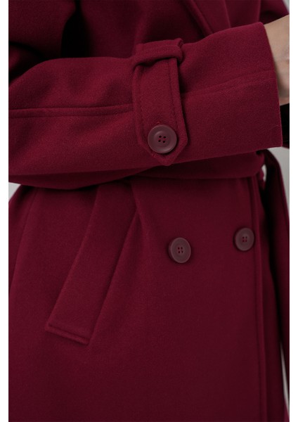 Kadın Kuşaklı Kaşe Kaban 9161 - Kırmızı fırsatları