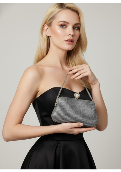 Platin Renk Simli Taşlı Abiye Çanta | Lüks Düğün ve Gece Çantası