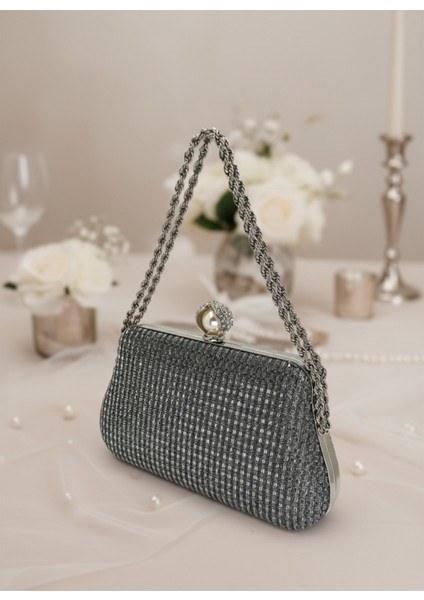 Platin Renk Simli Taşlı Abiye Çanta | Lüks Düğün ve Gece Çantası fiyatları