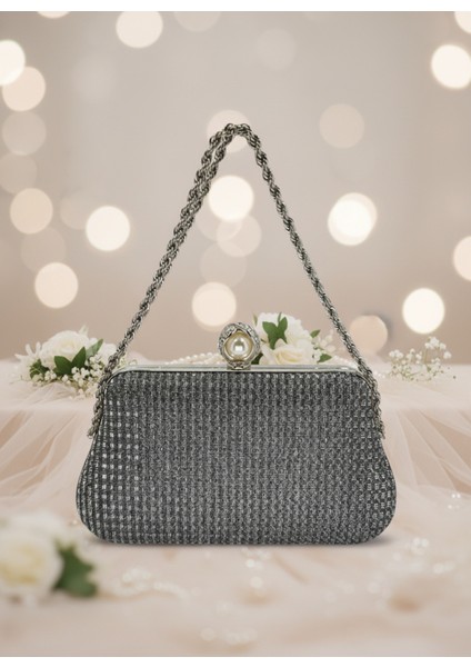 Platin Renk Simli Taşlı Abiye Çanta | Lüks Düğün ve Gece Çantası modelleri