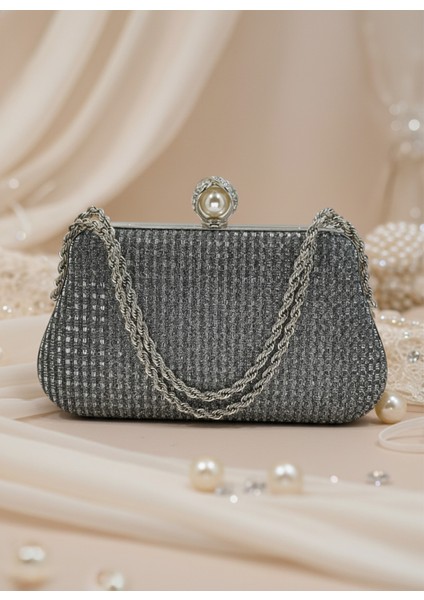 Platin Renk Simli Taşlı Abiye Çanta | Lüks Düğün ve Gece Çantası fırsatları