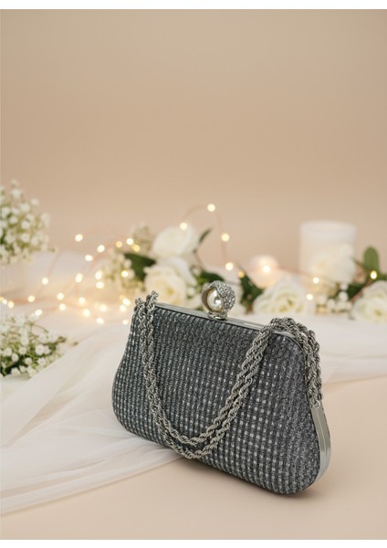 Platin Renk Simli Taşlı Abiye Çanta | Lüks Düğün ve Gece Çantası indirimleri