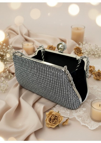 Platin Renk Simli Taşlı Abiye Çanta | Lüks Düğün ve Gece Çantası