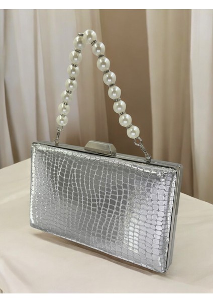 Gümüş Ithal Krokodil Timsah Lazer Sim Desenli Abiye Çanta
