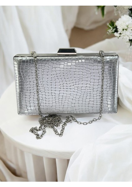 Gümüş Ithal Krokodil Timsah Lazer Sim Desenli Abiye Çanta fırsatları