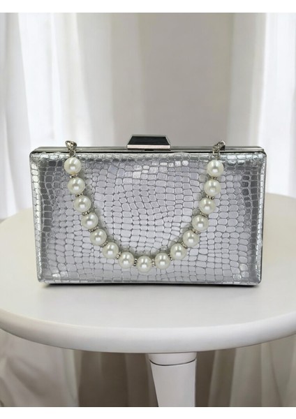 Gümüş Ithal Krokodil Timsah Lazer Sim Desenli Abiye Çanta