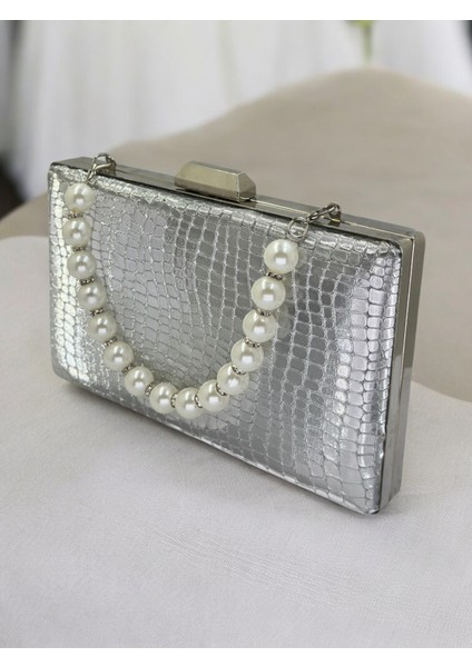 Gümüş Ithal Krokodil Timsah Lazer Sim Desenli Abiye Çanta