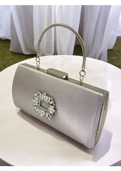 Gümüş Gri Kristal Taşlı Saten Abiye Çanta, Metal Saplı Şıklık fiyatları