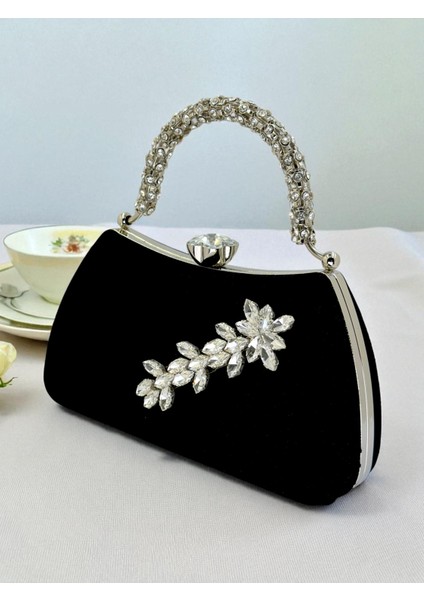 Siyah Süet Kristal Taşlı Abiye Çanta - Lüks ve Işıltılı Şıklık fiyatları