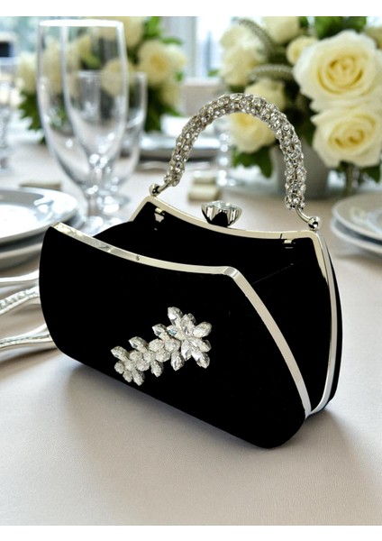Siyah Süet Kristal Taşlı Abiye Çanta - Lüks ve Işıltılı Şıklık fırsatları