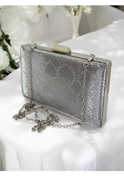 Platin Ithal Snake Yılan Lazer Sim Desenli Abiye Çanta