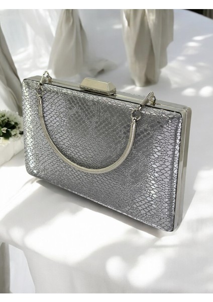 Platin Ithal Snake Yılan Lazer Sim Desenli Abiye Çanta