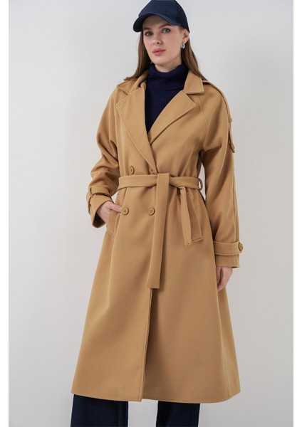 Kadın Kuşaklı Kaşe Kaban 9161 - Hardal