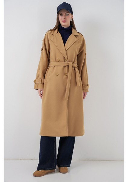 Kadın Kuşaklı Kaşe Kaban 9161 - Hardal fiyatları