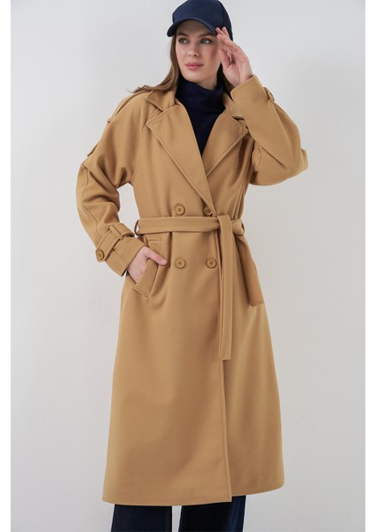 Kadın Kuşaklı Kaşe Kaban 9161 - Hardal fırsatları